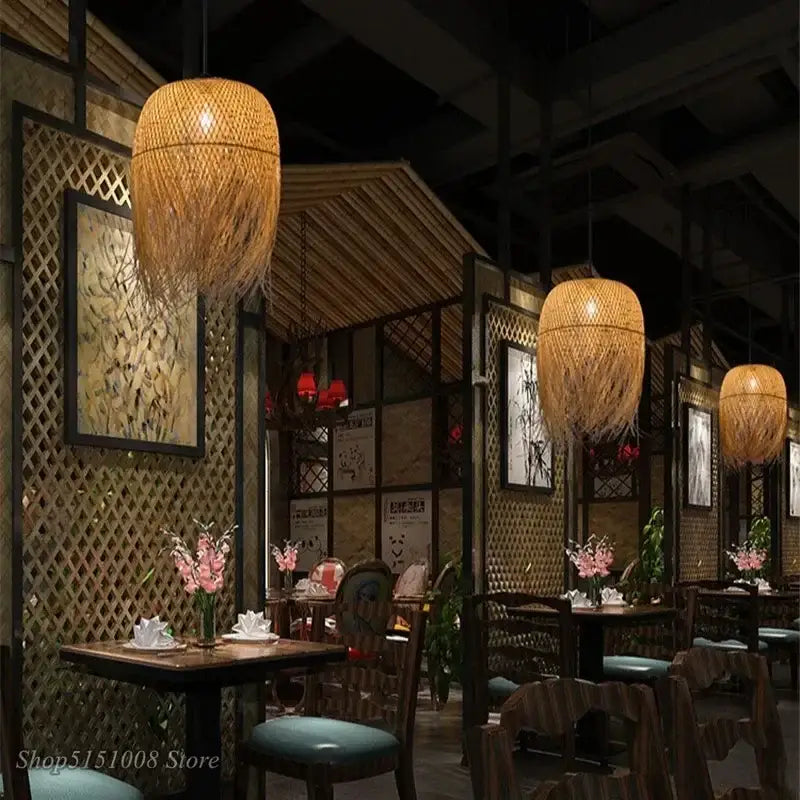 Modern handwoven bamboo pendant lights for dining room