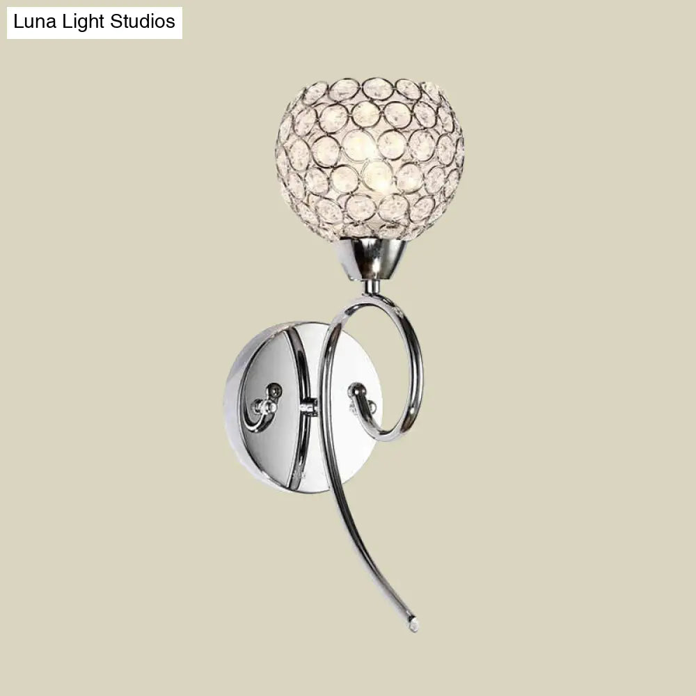 DecorBites™ Modern Hemisphere Crystal Wall Lamp with Chrome Scroll Arm Sconce Light