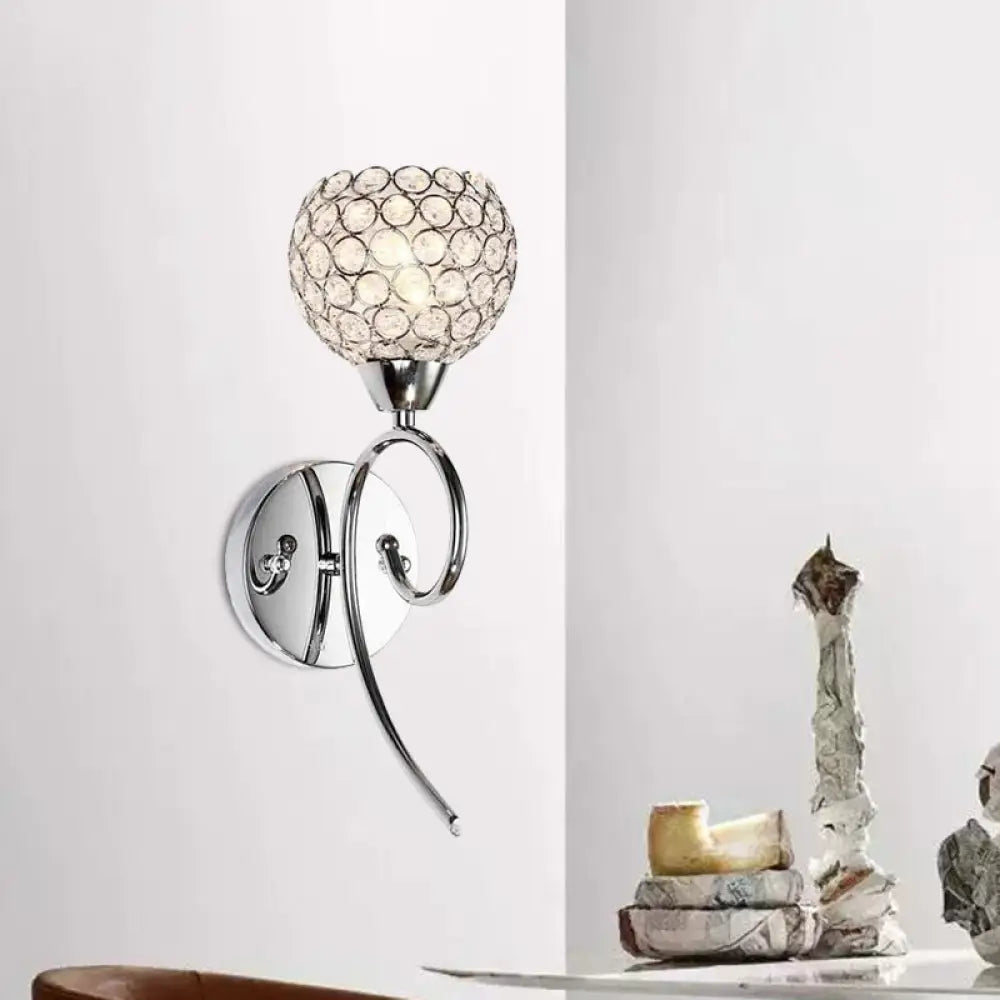 DecorBites™ Modern Hemisphere Crystal Wall Lamp with Chrome Scroll Arm Sconce Light