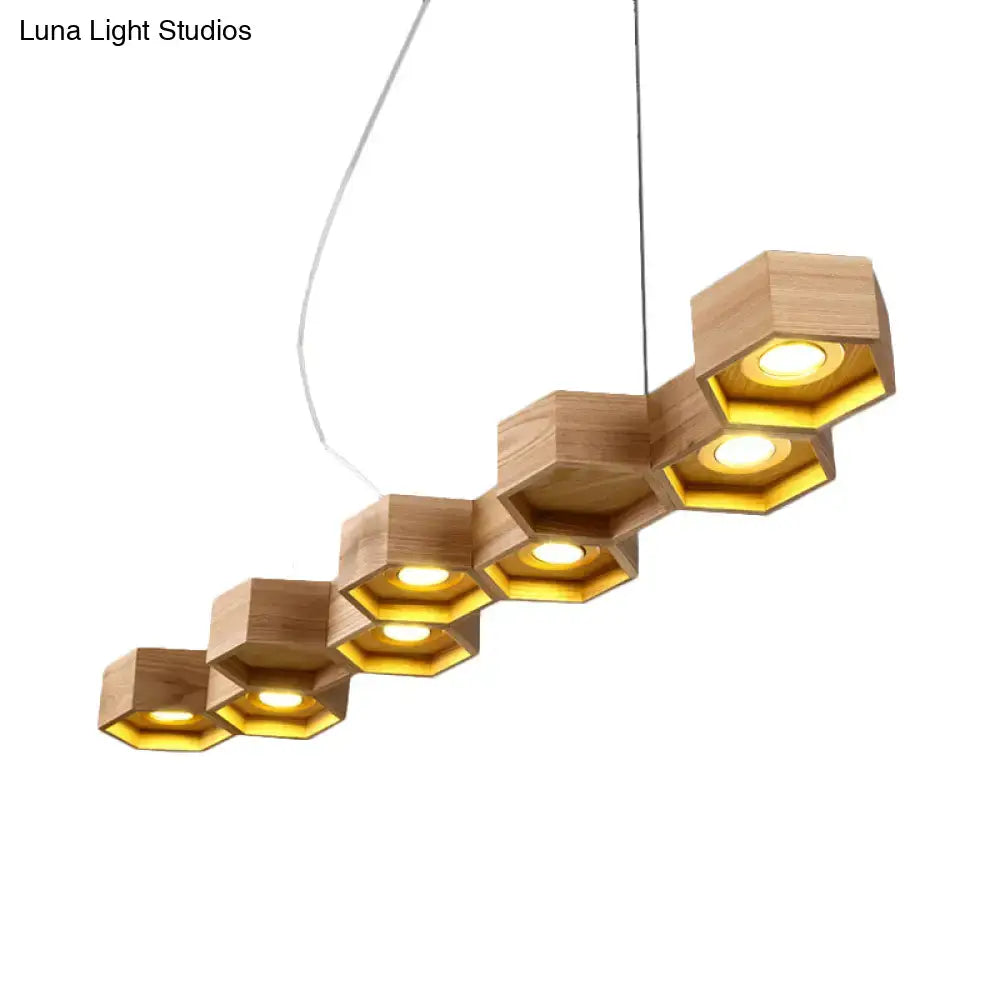 Modern hexagonal wood and gold ceiling light fixture for living room