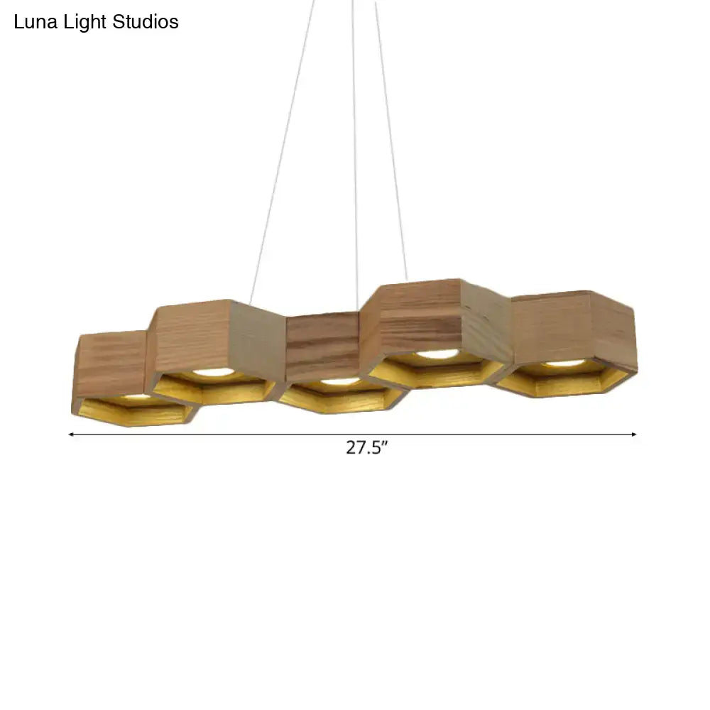 Modern hexagonal wood and gold ceiling light fixture for living room