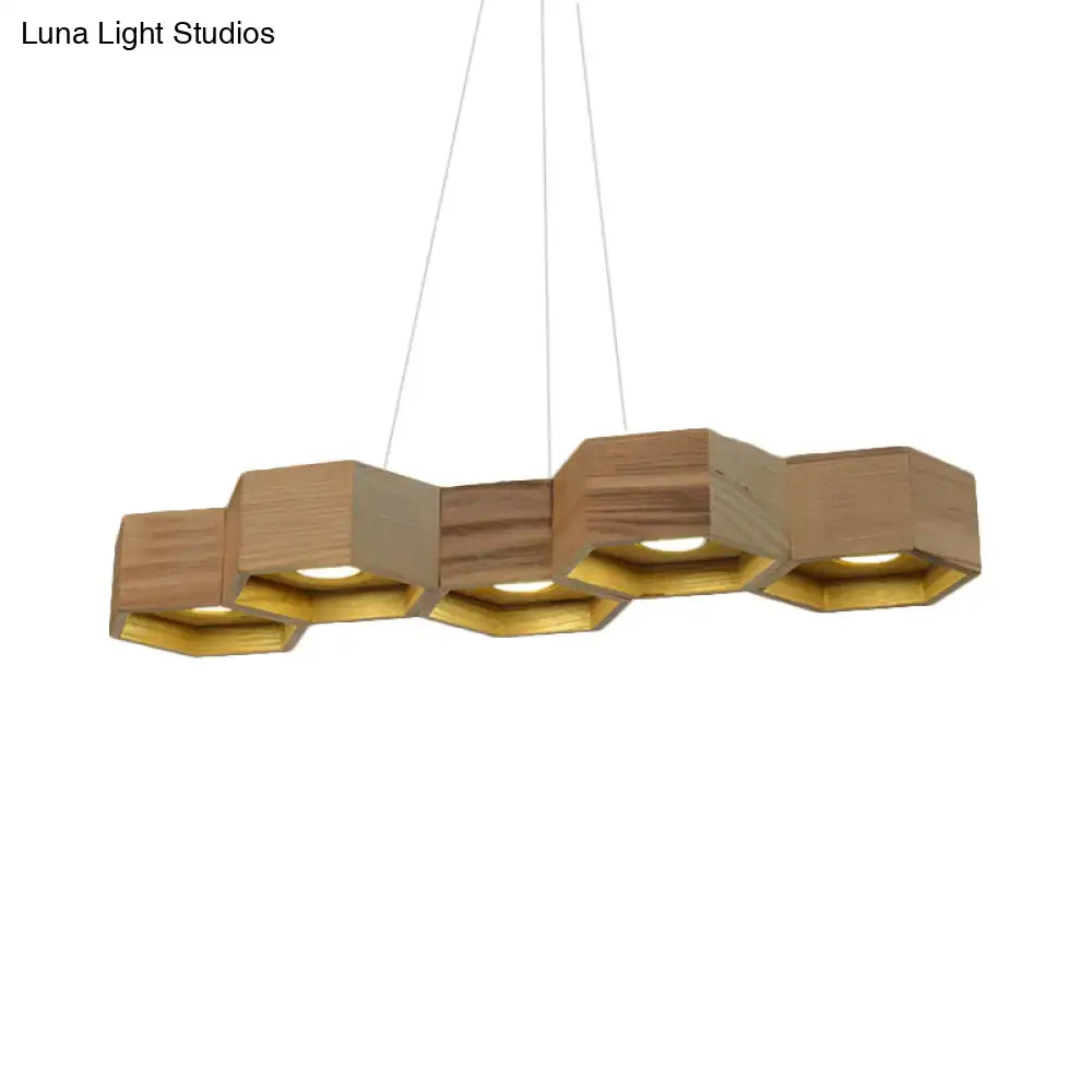 Modern hexagonal wood and gold ceiling light fixture for living room