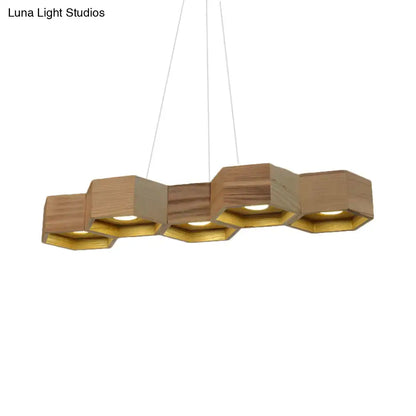 Modern hexagonal wood and gold ceiling light fixture for living room