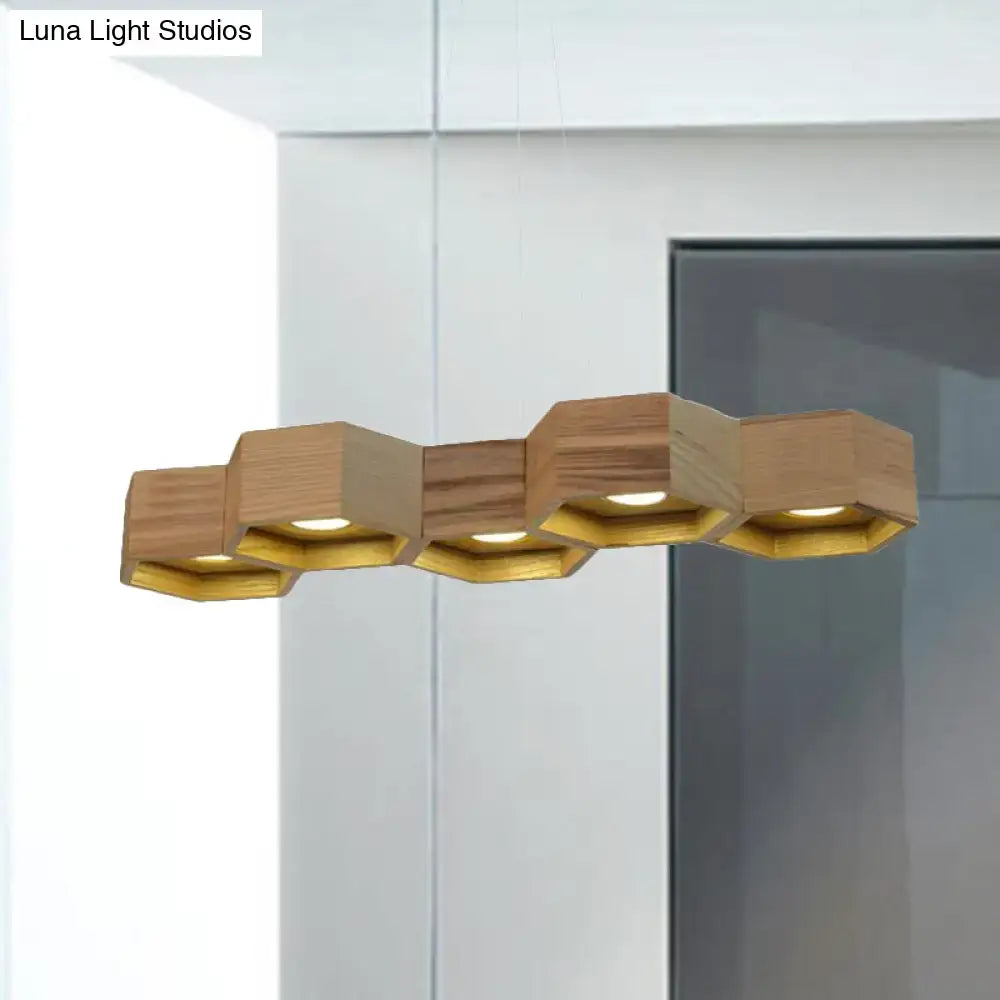 Modern hexagonal wood and gold ceiling light fixture for living room