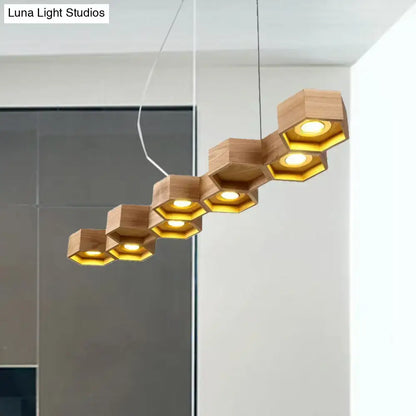 Modern hexagonal wood and gold ceiling light fixture for living room