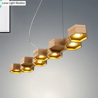 Modern hexagonal wood and gold ceiling light fixture for living room