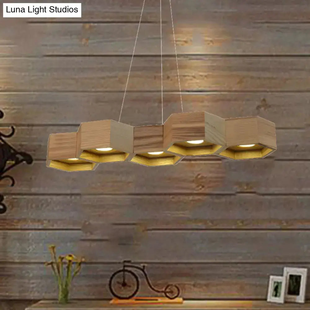 Modern hexagonal wood and gold ceiling light fixture for living room