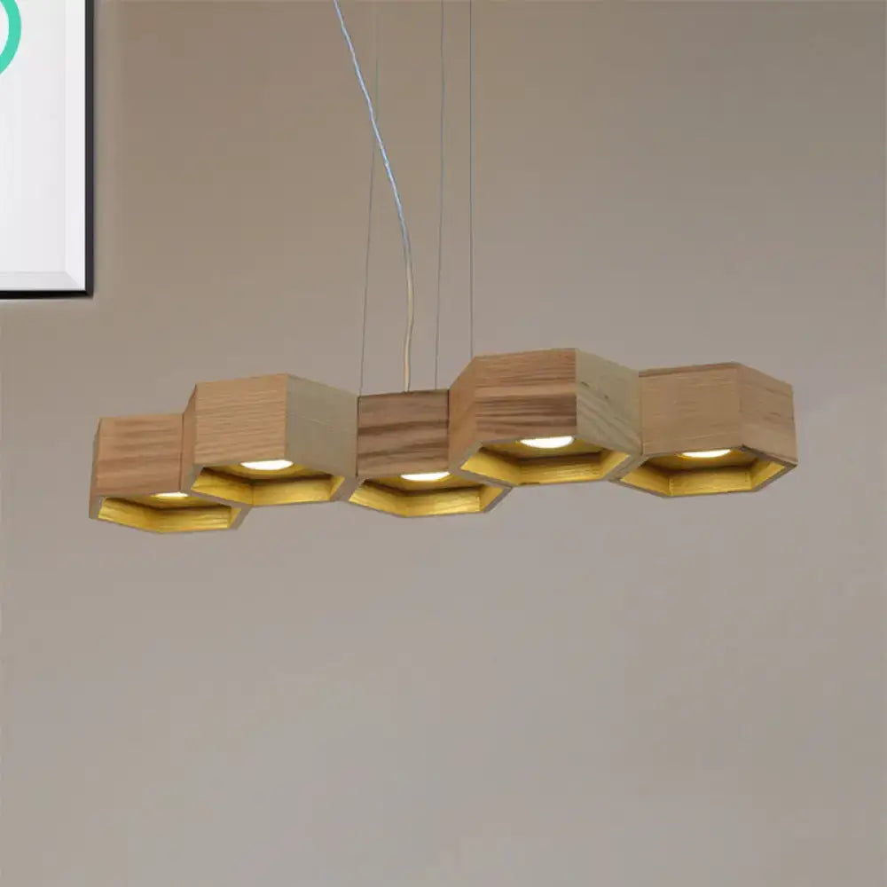 Modern hexagonal wood and gold ceiling light fixture for living room