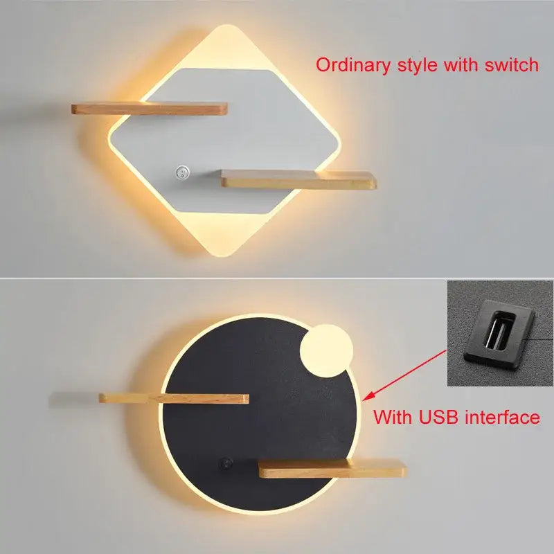 Modern hexagonal wood led bedside shelf wall lamp bedroom usb charger