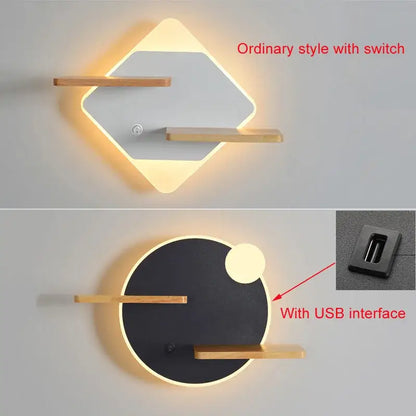 Modern hexagonal wood led bedside shelf wall lamp bedroom usb charger