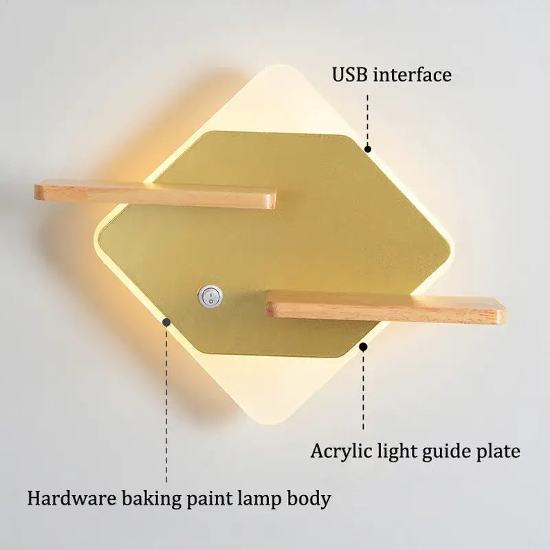 Modern hexagonal wood led bedside shelf wall lamp bedroom usb charger