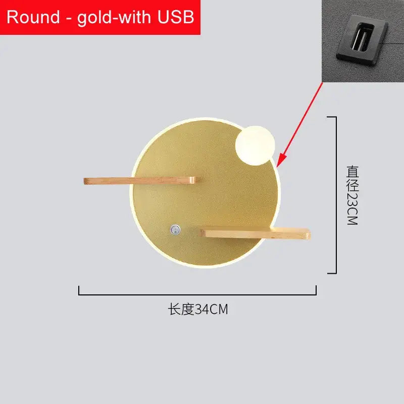 Modern hexagonal wood led bedside shelf wall lamp bedroom usb charger