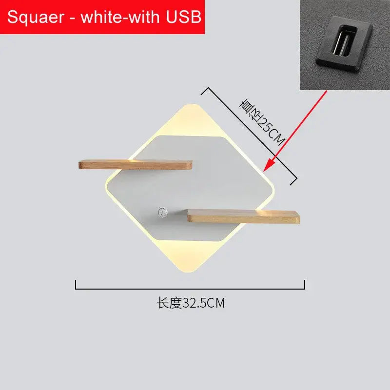 Modern hexagonal wood led bedside shelf wall lamp bedroom usb charger