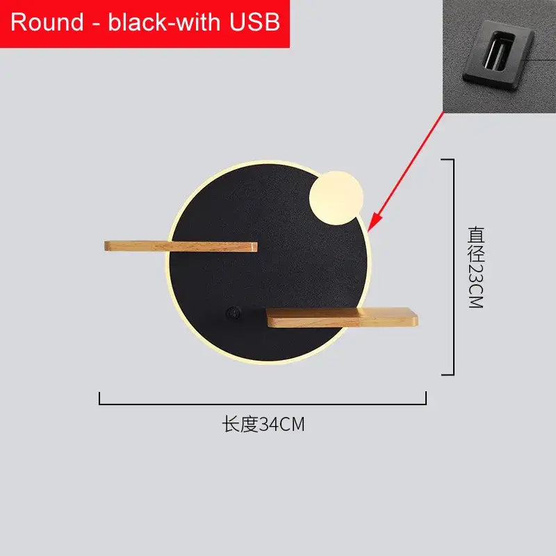 Modern hexagonal wood led bedside shelf wall lamp bedroom usb charger