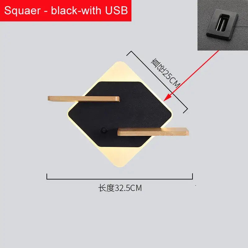 Modern hexagonal wood led bedside shelf wall lamp bedroom usb charger
