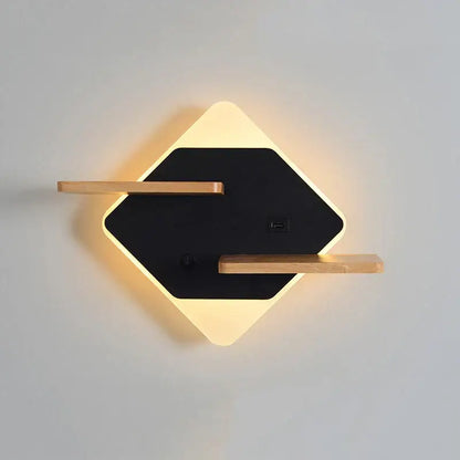 Modern hexagonal wood led bedside shelf wall lamp bedroom usb charger