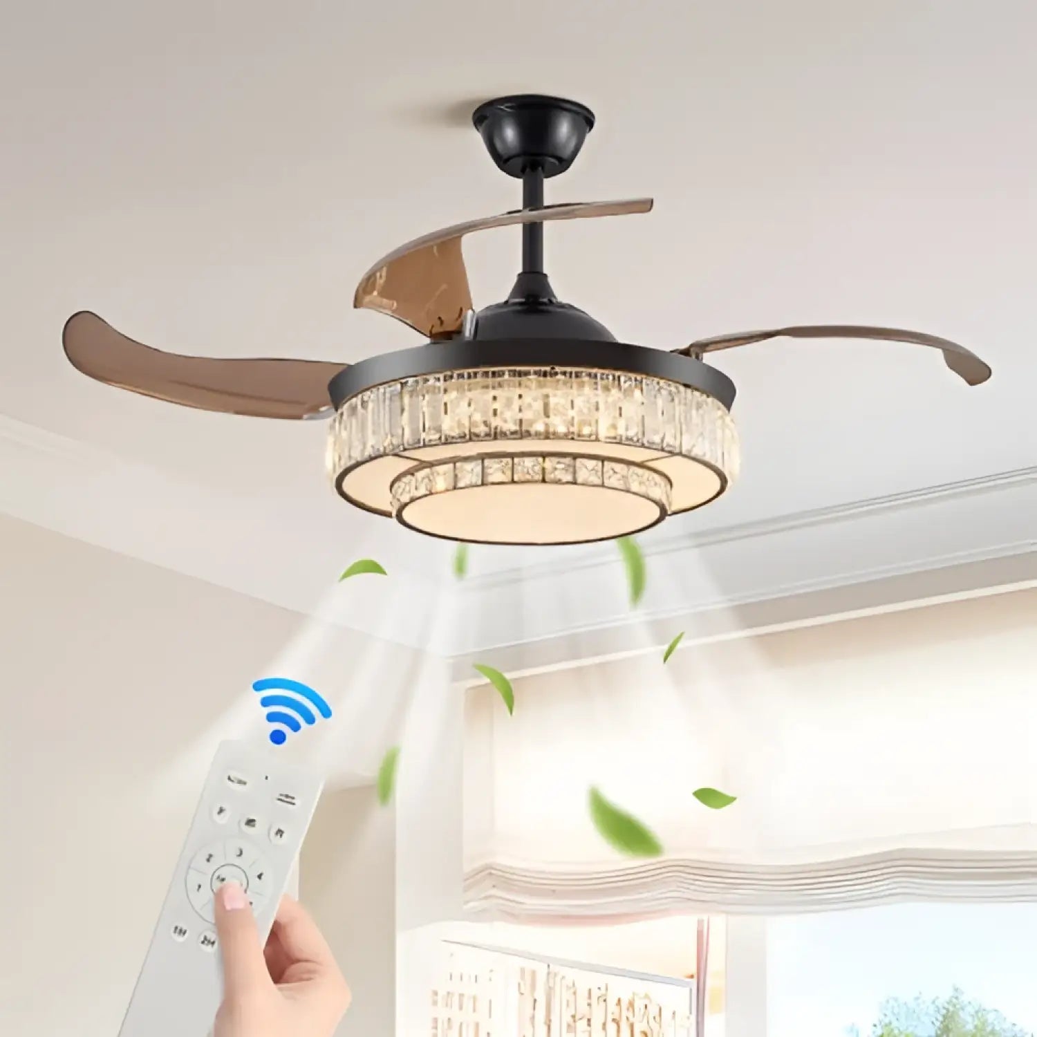 Modern Indoor Ceiling Fan with Retractable LED Light, Remote, and 4 Blades