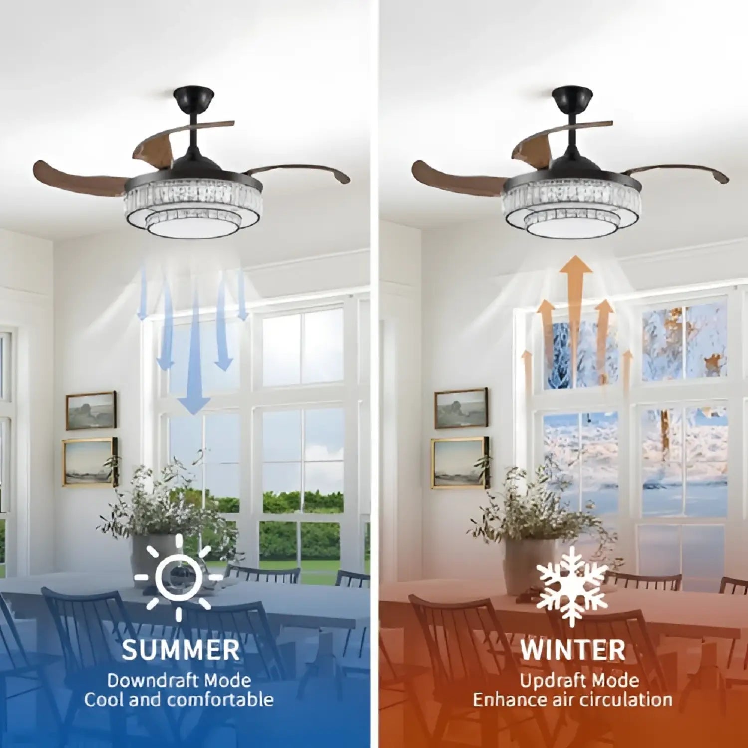 Modern Indoor Ceiling Fan with Retractable LED Light, Remote, and 4 Blades