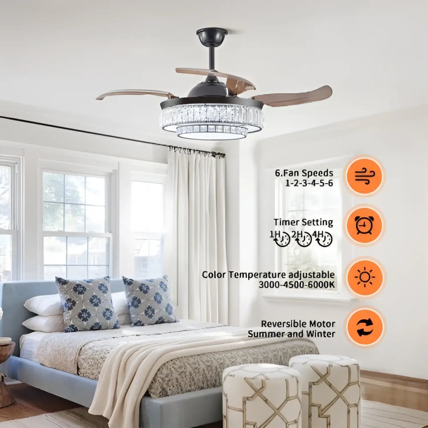 Modern Indoor Ceiling Fan with Retractable LED Light, Remote, and 4 Blades