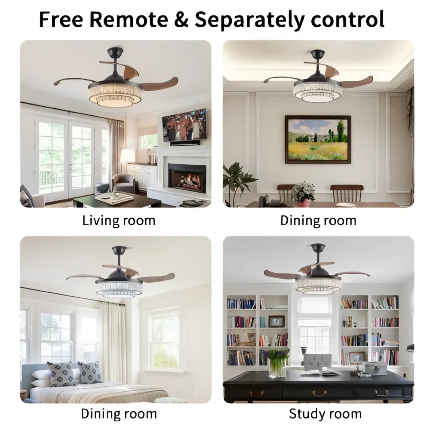 Modern Indoor Ceiling Fan with Retractable LED Light, Remote, and 4 Blades