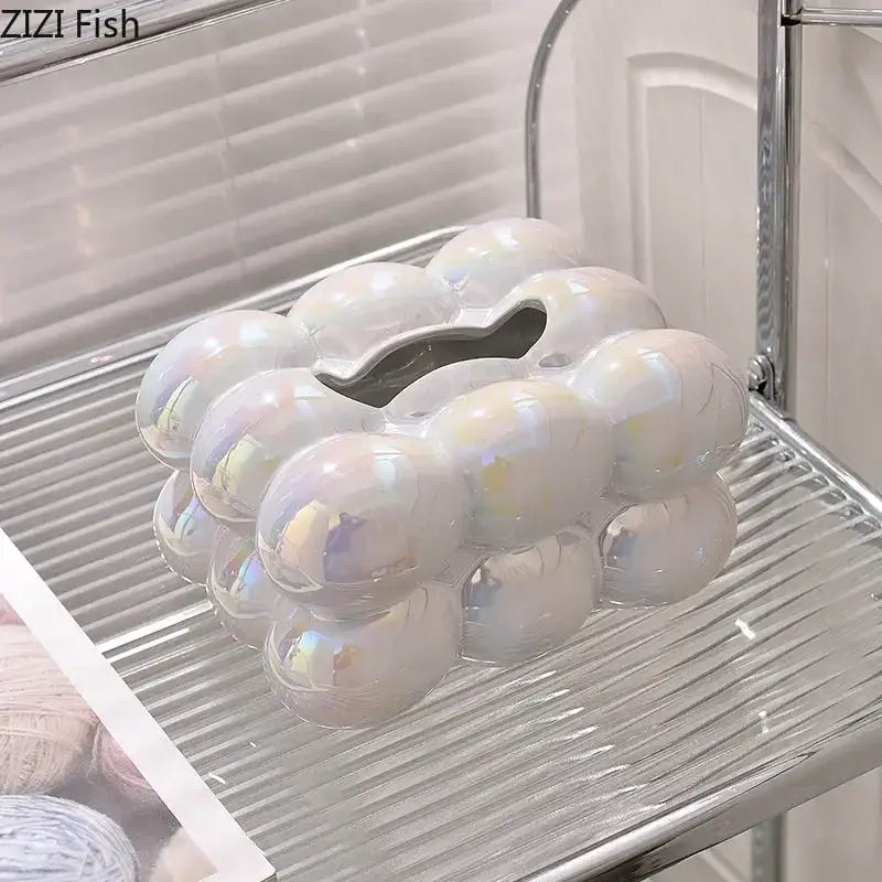 Modern iridescent blue and cream ceramic tissue box bedroom decor