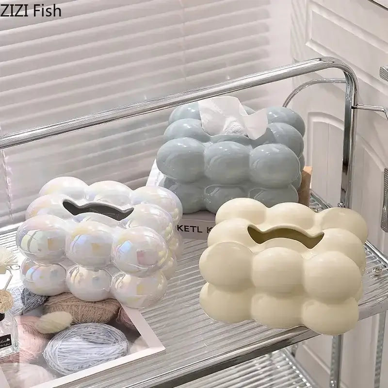 Modern iridescent blue and cream ceramic tissue box bedroom decor