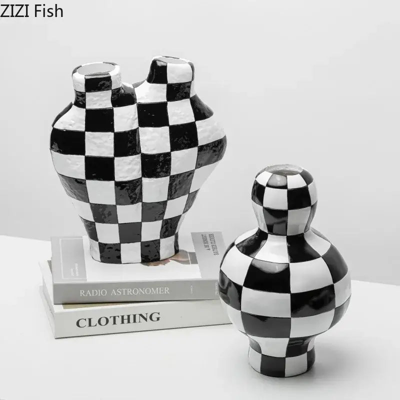 Modern irregular black & white check ceramic vase room decor