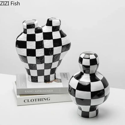 Modern irregular black & white check ceramic vase room decor
