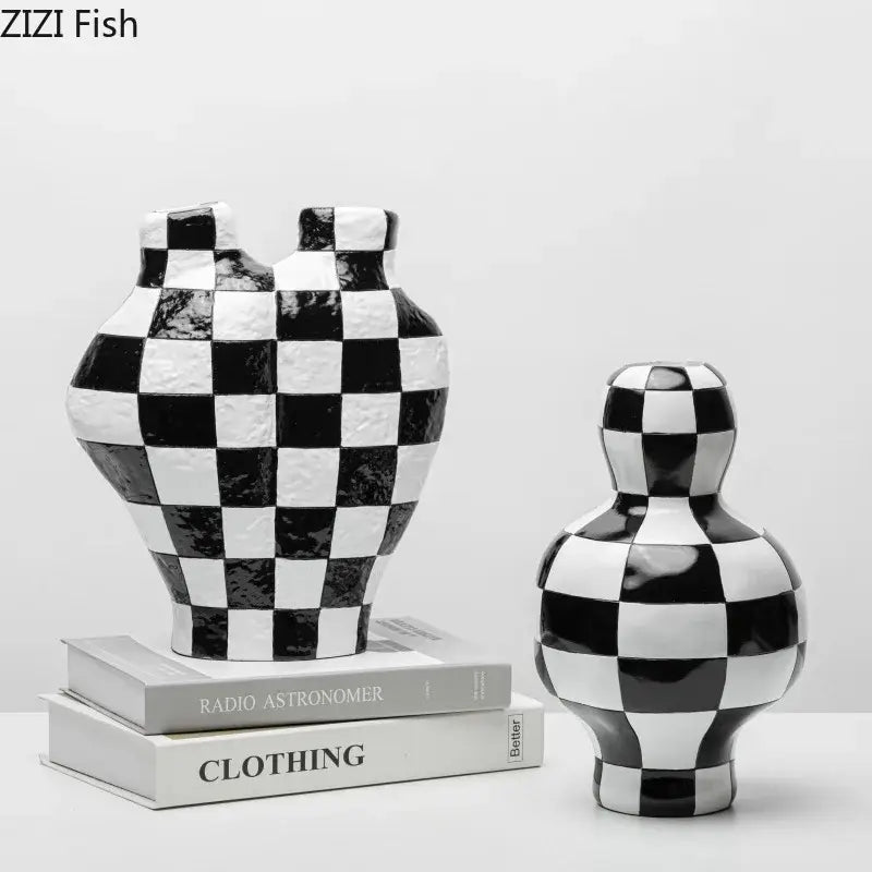 Modern irregular black & white check ceramic vase room decor