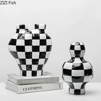 Modern irregular black & white check ceramic vase room decor