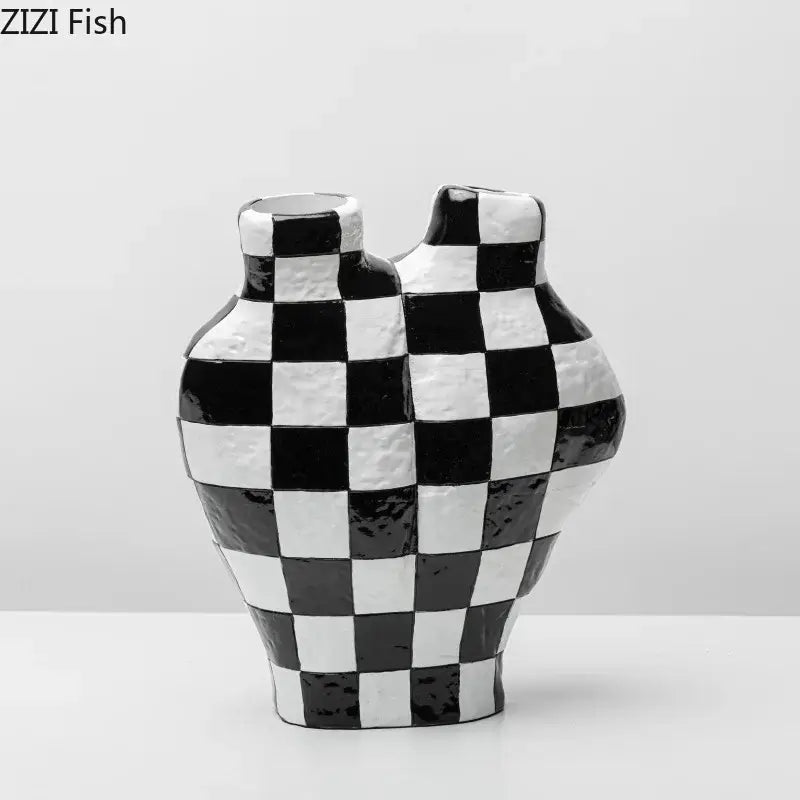 Modern irregular black & white check ceramic vase room decor