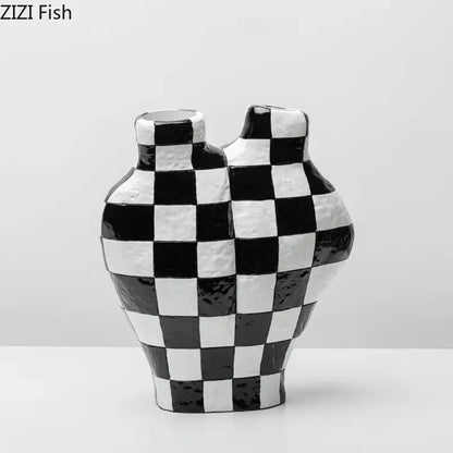 Modern irregular black & white check ceramic vase room decor