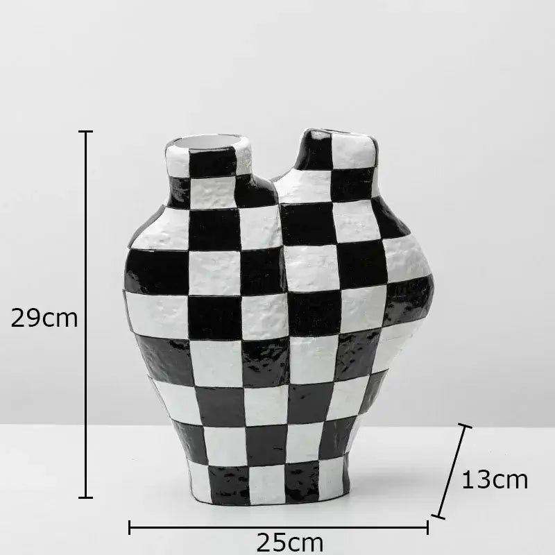 Modern irregular black & white check ceramic vase room decor