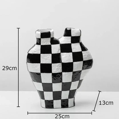 Modern irregular black & white check ceramic vase room decor