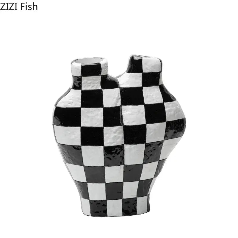 Modern irregular black & white check ceramic vase room decor