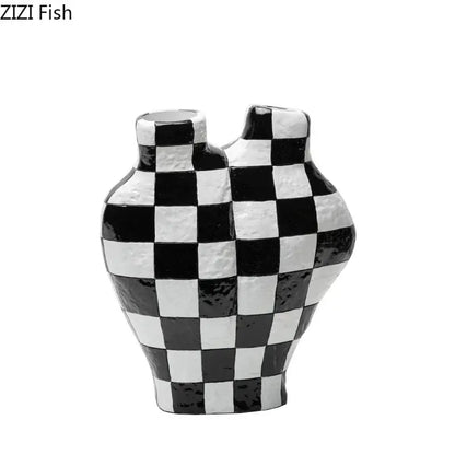 Modern irregular black & white check ceramic vase room decor