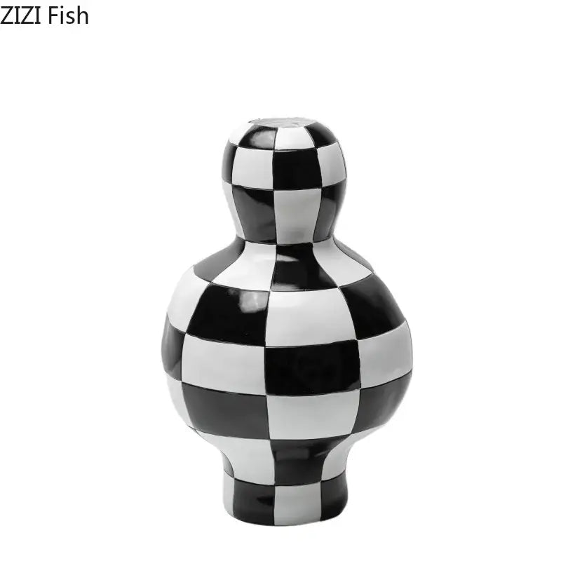 Modern irregular black & white check ceramic vase room decor