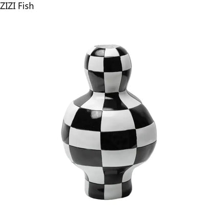 Modern irregular black & white check ceramic vase room decor