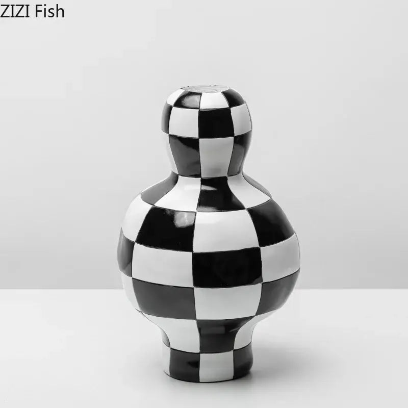 Modern irregular black & white check ceramic vase room decor