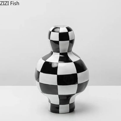 Modern irregular black & white check ceramic vase room decor