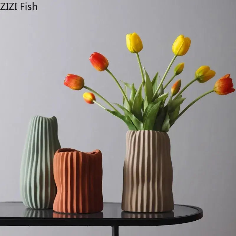 Modern irregular ceramic vase trio living room ribbed decor