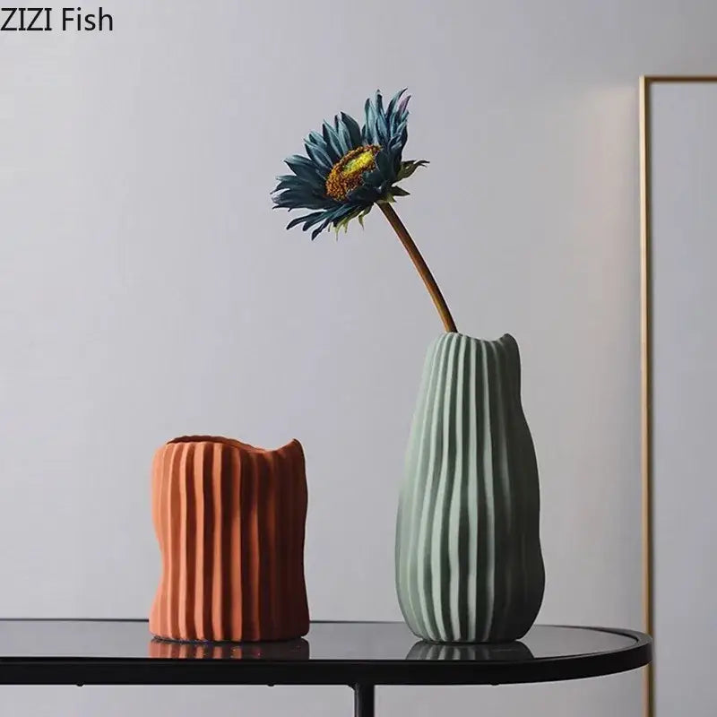 Modern irregular ceramic vase trio living room ribbed decor