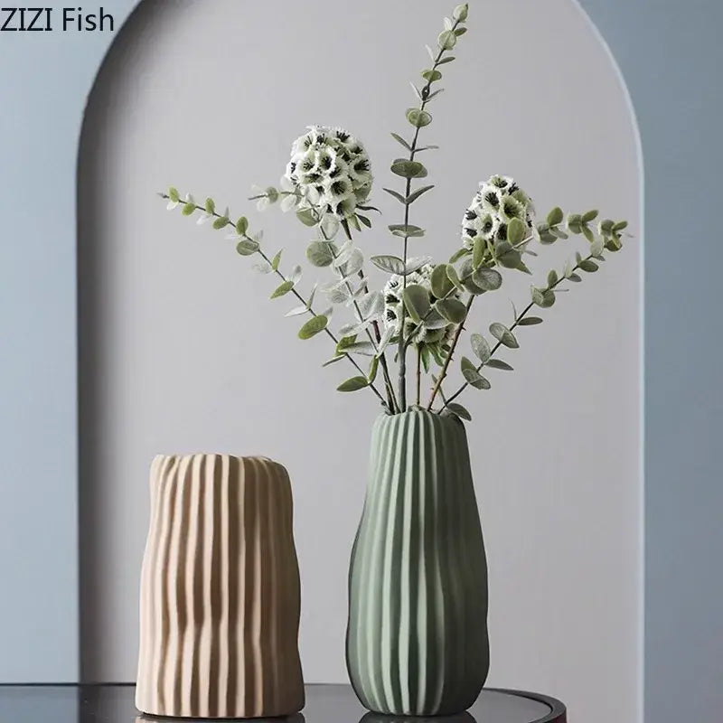 Modern irregular ceramic vase trio living room ribbed decor