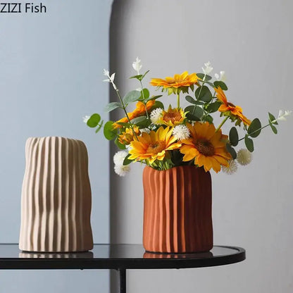 Modern irregular ceramic vase trio living room ribbed decor