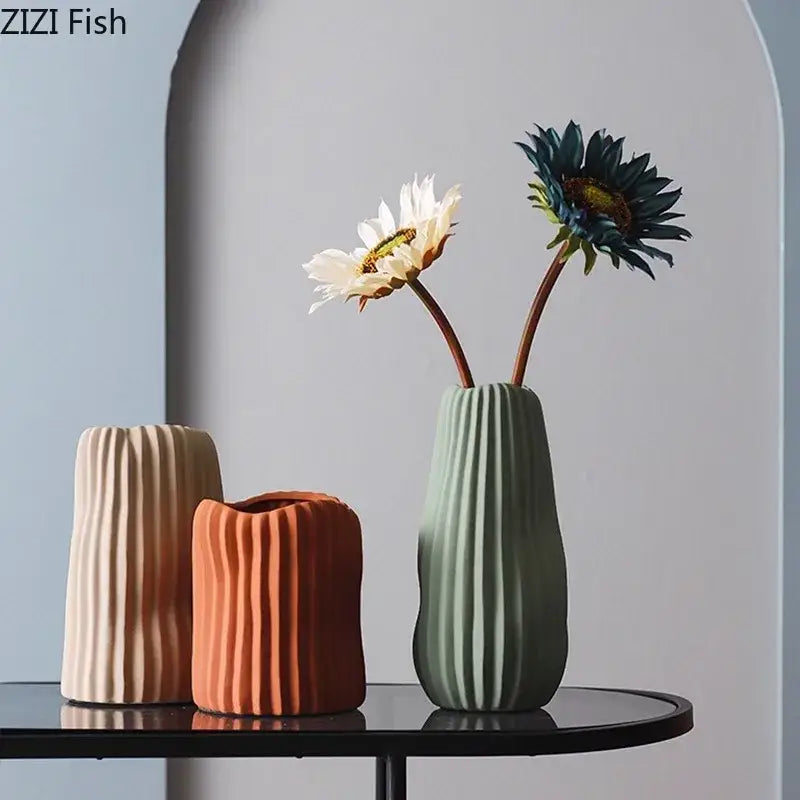 Modern irregular ceramic vase trio living room ribbed decor