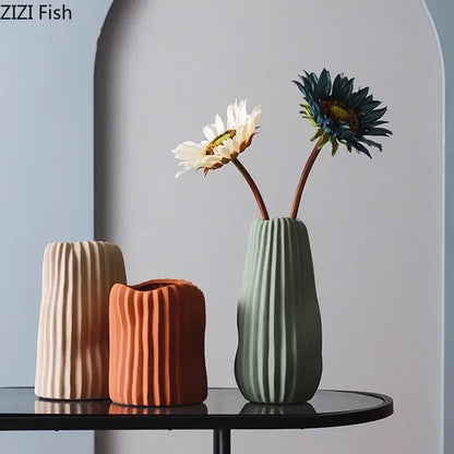 Modern irregular ceramic vase trio living room ribbed decor