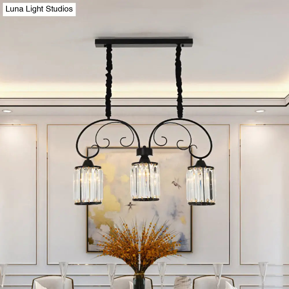 DecorBites™ Modern Island Light - 3 Head Black Pendant with Clear Crystal Blocks and Scrolling Arm