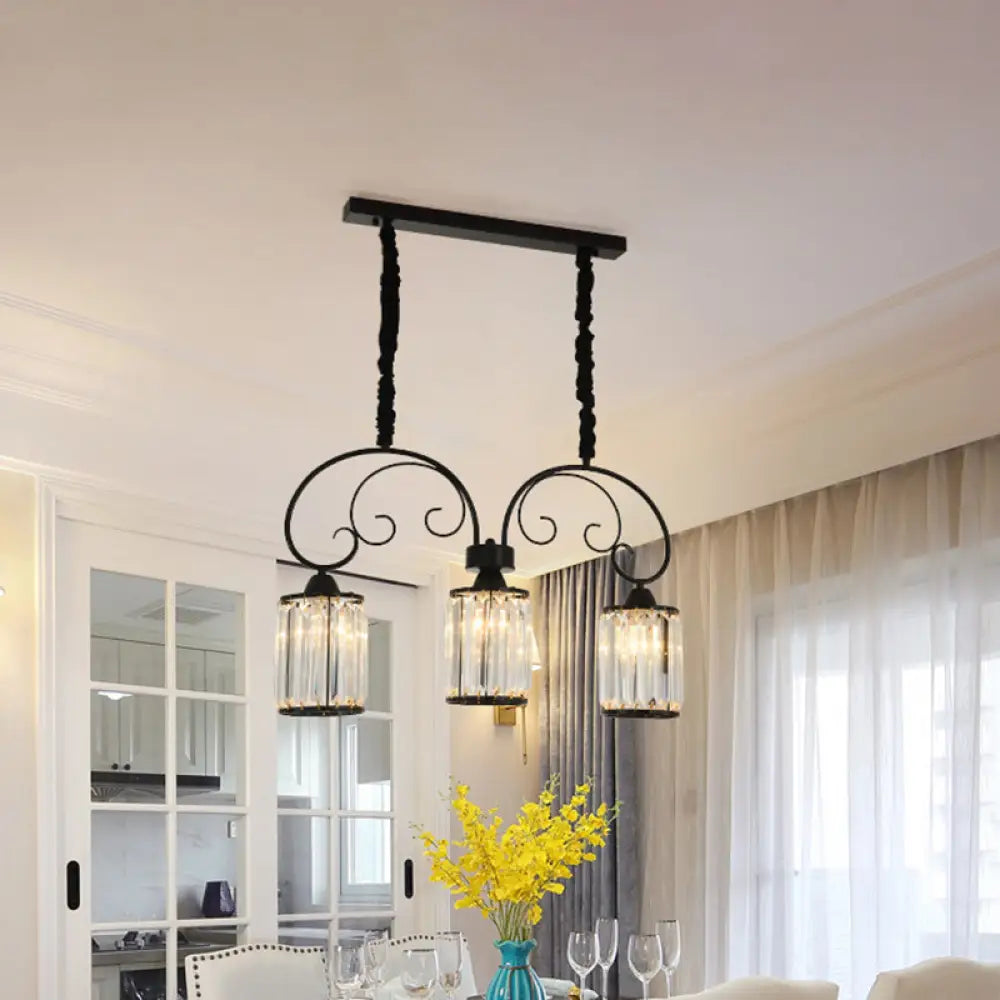 DecorBites™ Modern Island Light - 3 Head Black Pendant with Clear Crystal Blocks and Scrolling Arm