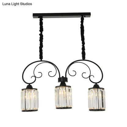 DecorBites™ Modern Island Light - 3 Head Black Pendant with Clear Crystal Blocks and Scrolling Arm