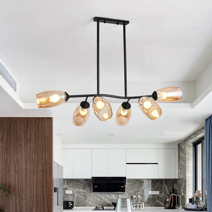DecorBites™ Modern Island Pendant Light with Clear/Amber Glass Shade and Black Branch Design - 6-Bulb Ceiling Hanging Fixture
